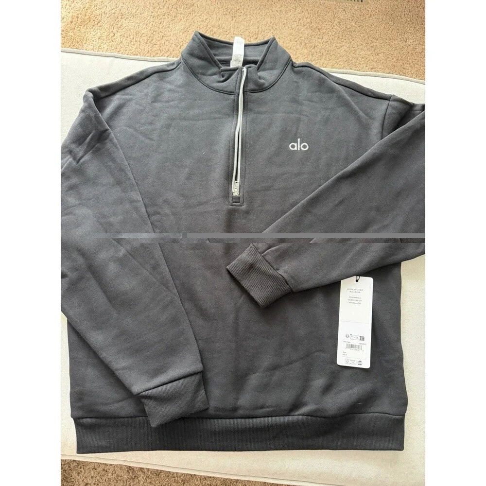Alo Yoga Accolade 1/4 Zip Mock Neck Fleece Pullover Sweatshirt, Black XS NWT